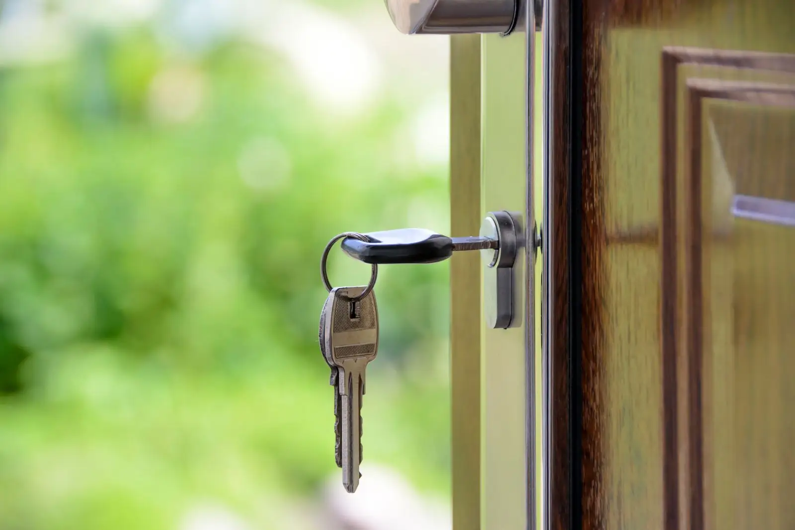 Llave puesta en la cerradura de una puerta, con un jardín desenfocado al fondo